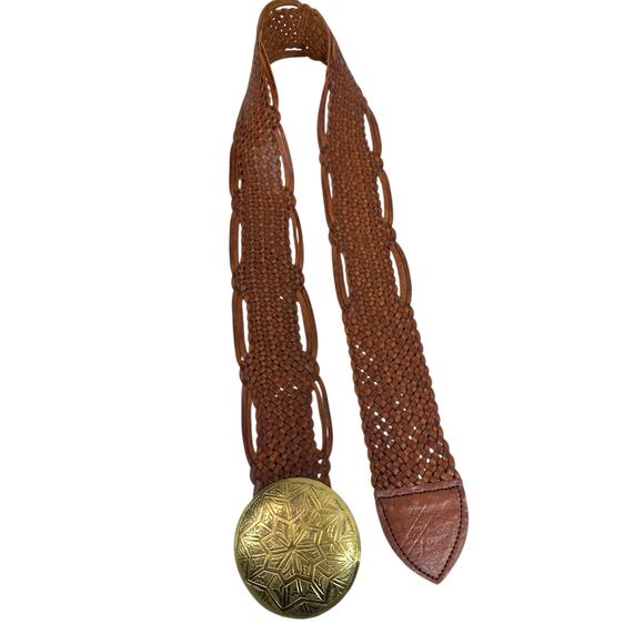 CHICO’S Women’s Boho Vintage Woven Leather Belt L Etched Brass Disc Hook Buckle - Picture 4 of 10